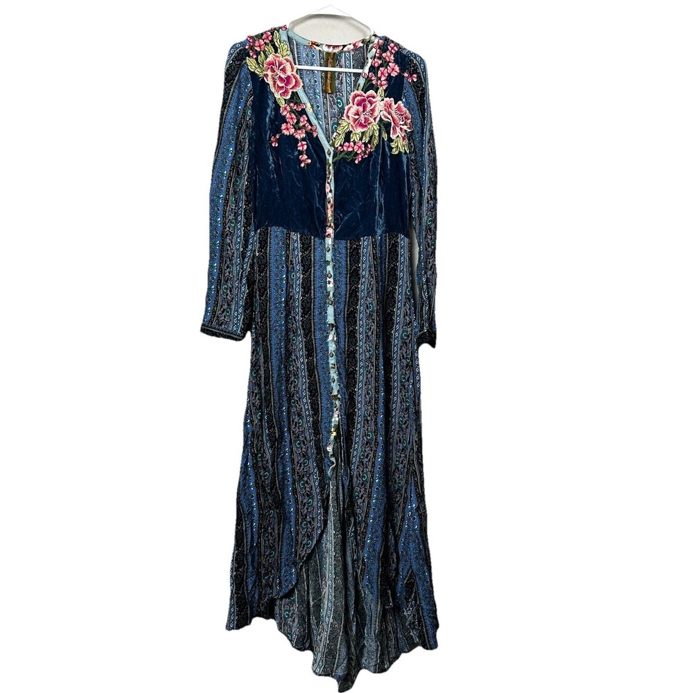 Anthropologie Aratta Silent Journey Blue Velvet Floral Embroidered Boho Maxi Sm